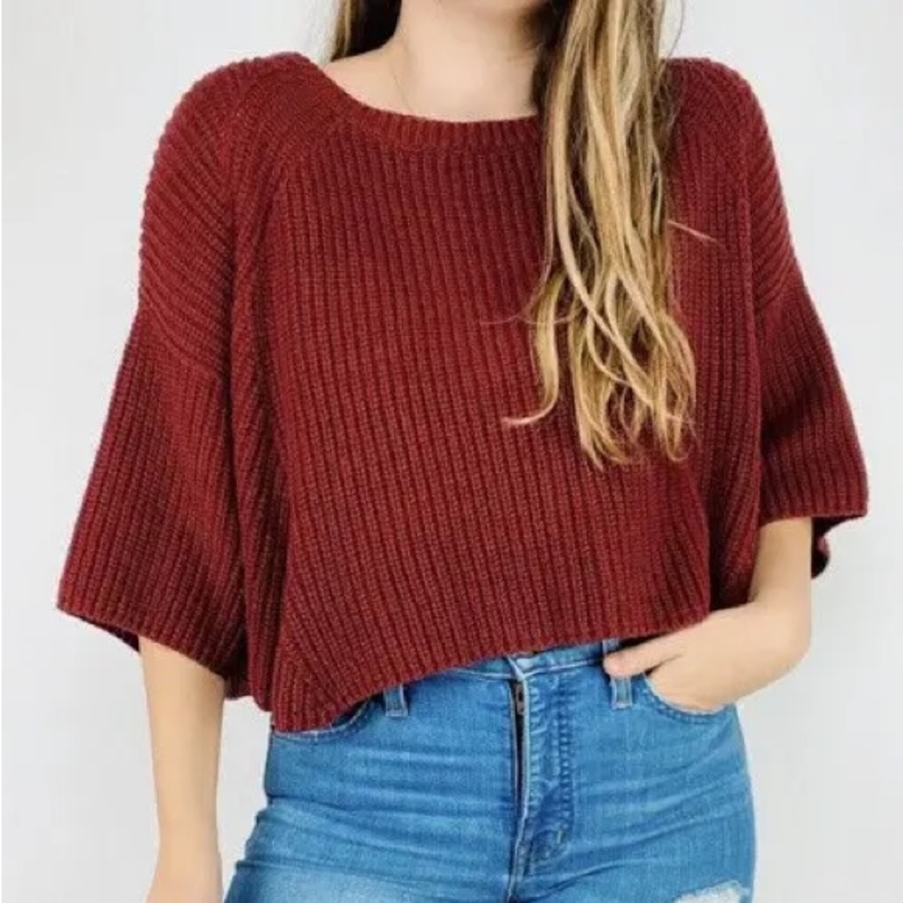 Free People Womens Cropped Burgundy Sweater